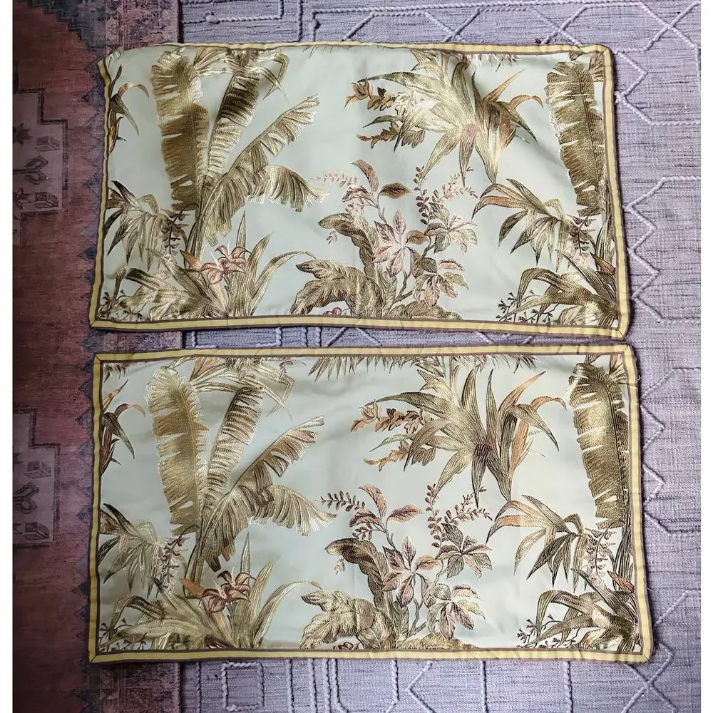 Pillow Shams Pair Green Tropical Floral Botanical chinoiserie Raymond Waites